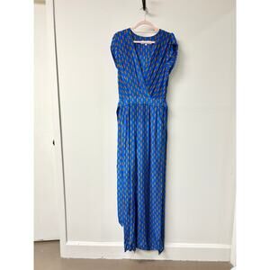 Diane Von Furstenberg 100% Silk Faux Wrap Belted Wide Leg Jumpsuit Blue Womens 8